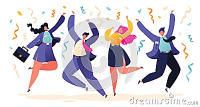 Happy colleagues, business people, managers team celebrating success or corporate holiday. Vector Illustration