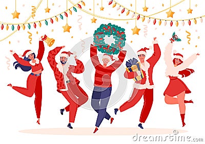 Young jumping and dancing people dressed in Santa Claus costumes and hats. New Year party celebration. Vector Illustration