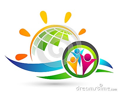 Globe save world People care hand taking care people save protect family care logo icon element vector desing Stock Photo