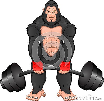 Baby gorilla cartoon with big barbell Vector Illustration