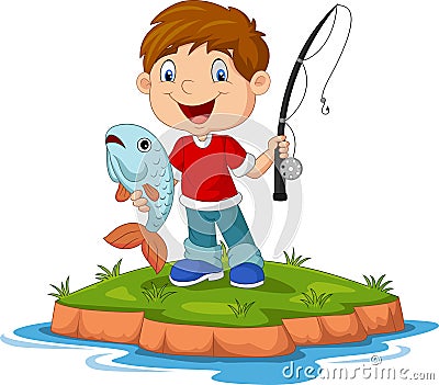 Cartoon happy little boy fishing Vector Illustration