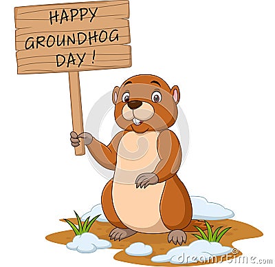 Happy groundhog day. Funny groundhog holding wooden sign Vector Illustration