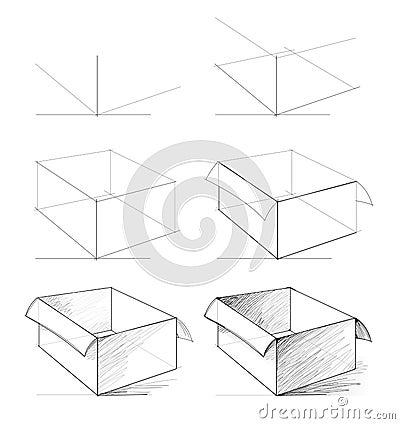 How to draw from nature sketch of realistic open box. Creation step by step pencil drawing. Educational page for artists. Vector Illustration