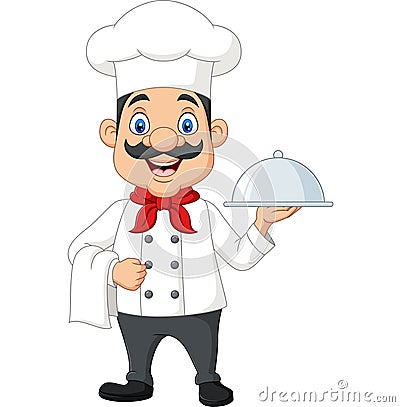 Cartoon funny chef with a mustache holding a silver platter Vector Illustration