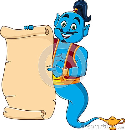 Cartoon genie holding blank scroll paper Vector Illustration