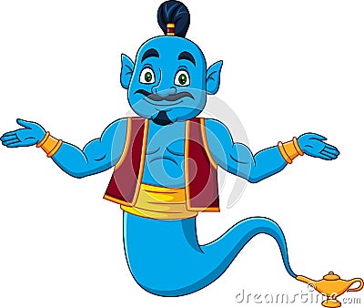 Cartoon genie appear from magic lamp Vector Illustration