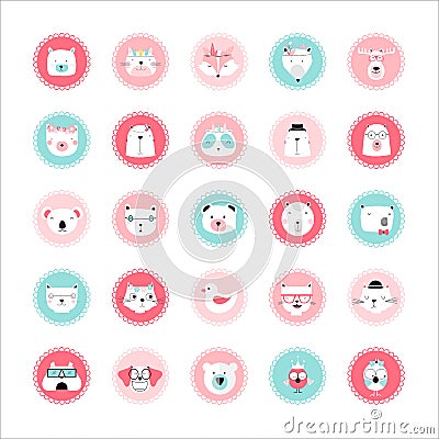 Set of animal cute icons, Vector illustration. Vector Illustration