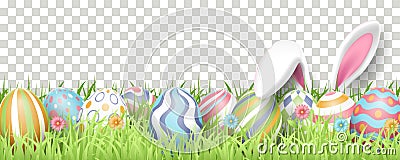 Happy Easter background with realistic painted eggs, grass, flowers, and rabbit ears. Vector Illustration