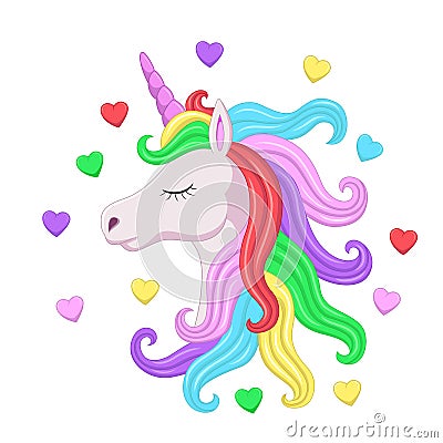 Cute pink unicorn head with rainbow mane and closed eyes Vector Illustration