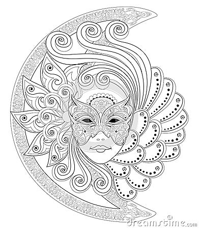 Fantasy drawing of girl face in beautiful venetian carnival mask. Black and white page for coloring book. Vector Illustration