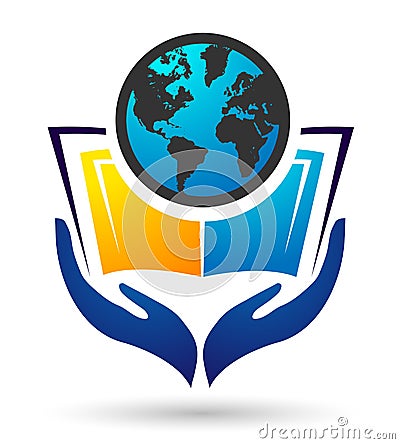 Globe world Education and book care hand holding book logo kids bright children school books kids icon Stock Photo