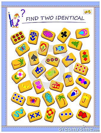 Logic puzzle game for children and adults. Need to find two identical magic cards. Printable page for kids brain teaser book. Vector Illustration