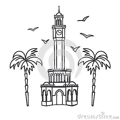 Vector illustration the Clock Tower in Izmir, Turkey. Famous Turkish landmark at the Konak square. Vector Illustration