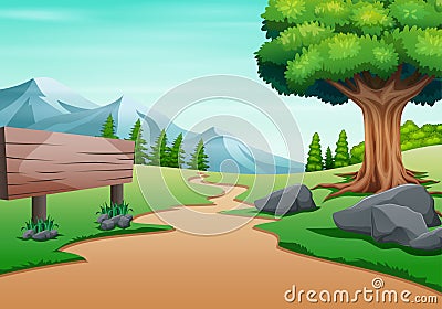 A trail to the mountain with empty road sign Vector Illustration