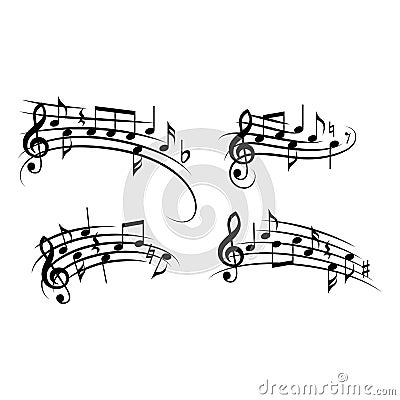 Music notes with curved or swirled staff. Musical melody Vector Illustration