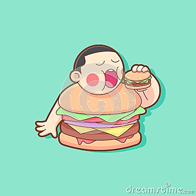 FAT BURGER BOY EATING A BURGER ILLUSTRATION. FAST FOOD LOGO MASCOT. Stock Photo
