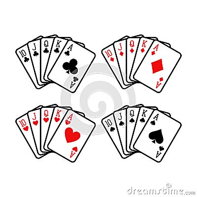 Royal flush hand of clubs, diamonds, hearts and spades playing cards deck colorful illustration. Vector Illustration