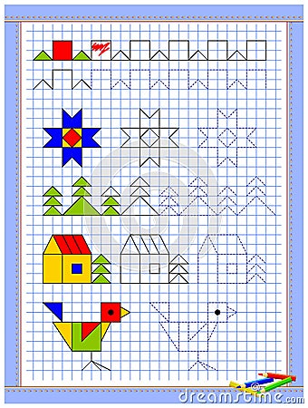 Educational page for kids. Printable worksheet on square paper for children. Learn to draw geometrical figures. Vector Illustration