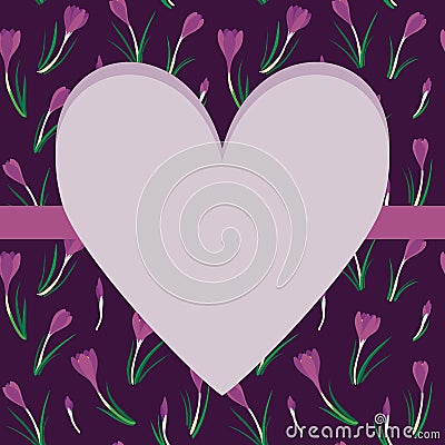 Big heart with pink ribbon on first crocuses spring fresh floral botanical seasonal card Vector Illustration