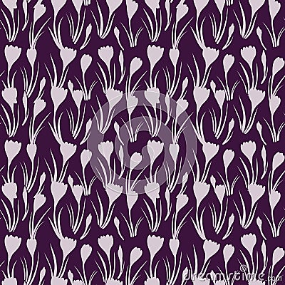First crocuses delicate silhouettes spring floral seamless pattern Vector Illustration