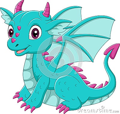 Cartoon baby blue dragon sitting Vector Illustration