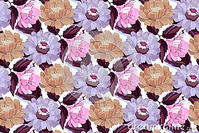 Pink, violet, beige garden flowers, maroon, burgundy, purple leaves. Stock Photo