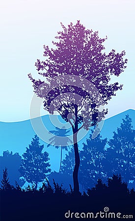 Natural forest mountains horizon hills silhouettes of trees Evening Sunrise and sunset Landscape wallpaper Illustration vector Vector Illustration