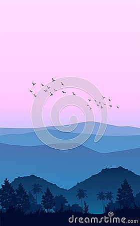 Natural forest mountains horizon hills silhouettes of trees Evening Sunrise and sunset Landscape wallpaper Illustration vector Vector Illustration