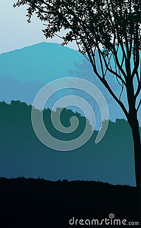 Natural forest mountains horizon hills silhouettes of trees Evening Sunrise and sunset Landscape wallpaper Illustration vector Vector Illustration