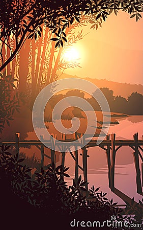 Wooden port at the edge of the marsh Natural forest mountains horizon trees Landscape wallpaper Sunrise and sunset Illustration Vector Illustration