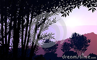 Natural forest mountains horizon hills silhouettes of trees Evening Sunrise and sunset Landscape wallpaper Illustration vector Vector Illustration