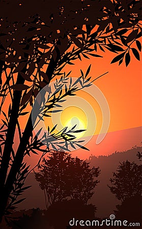 Natural forest mountains horizon hills silhouettes of trees Evening Sunrise and sunset Landscape wallpaper Illustration vector Vector Illustration