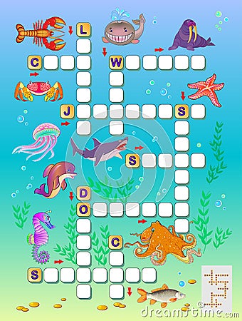 Crossword puzzle game for kids with sea animals. Educational page for children to study English language and words. Vector Illustration