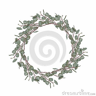 Elegant and cute wreath with silver dollar eucalyptus. Healing Herbs for cards. Stock Photo
