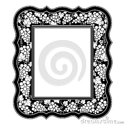 Decorative black and white framework with grapes and leaves. Vector Illustration