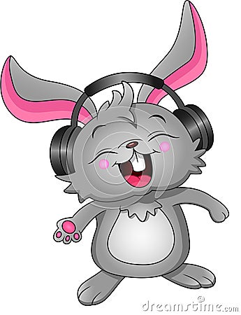 Cartoon happy rabbit wearing headphones Vector Illustration