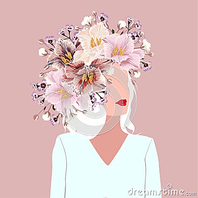 Spring. Cute illustration of a woman with flowers wreath, young people for a poster, card, flyer or banner or t-shirt print. Cartoon Illustration