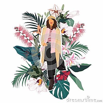 Young women or girl dressed in trendy clothes. Female cartoon characters with many kind of flowers behind, isolated on white. Cartoon Illustration