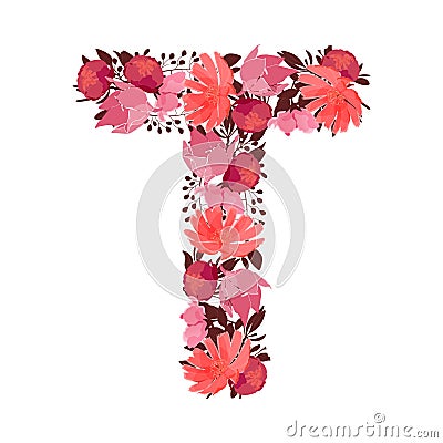 Vector floral letter, capital character T. Botanical monogram. Stock Photo