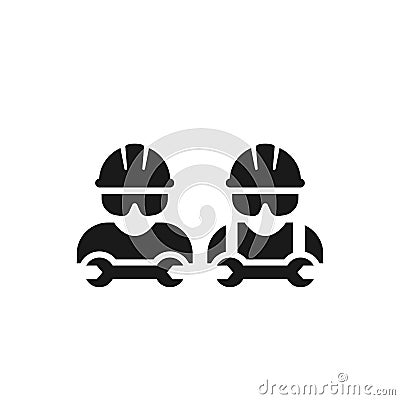 Worker, construction workman or mechanic with wrench wearing protective glasses and helmet. Vector Illustration