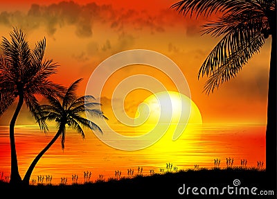 Tropical sunrise on sea and sea boat Vector Illustration