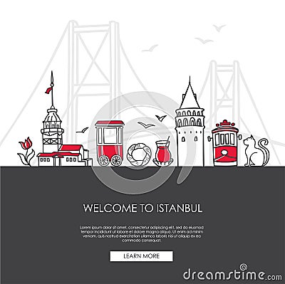 Vector illustration Welcome to Istanbul, Turkey. Famous Turkish landmarks in modern flat style. Vector Illustration