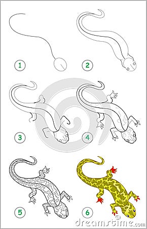 How to draw step by step cute little lizard. Educational page for kids. Back to school. Vector Illustration