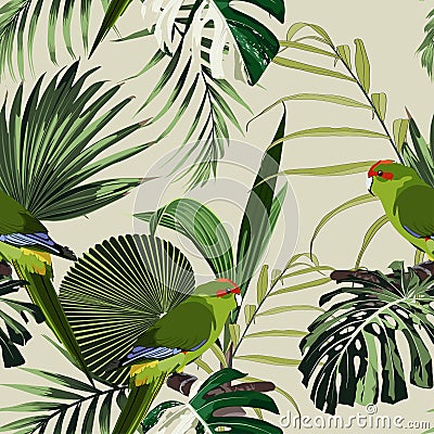 Tropical floral print. Green parrot bird in the jungle exotic forest, seamless pattern for fashion,. Vector Illustration