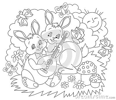 Black and white page for baby coloring book. Illustration of two cute rabbits playing music in the spring. Vector Illustration