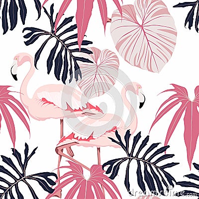 Pink flamingo, graphic pink palm leaves, white background. Floral seamless pattern. Tropical illustration. Cartoon Illustration