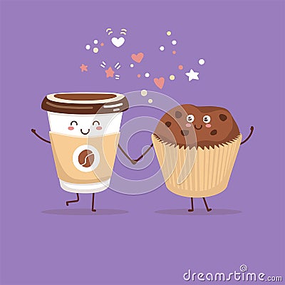 Cute vector illustration of coffee to go cup and a sweet chocolate muffin. Vector Illustration