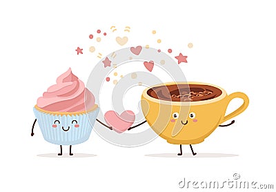 Cute vector illustration of coffee and a cupcake with strawberry cream. Vector Illustration