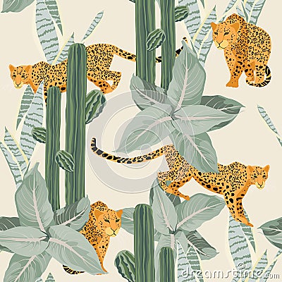 Seamless tropical desert pattern background with leopard, cacti and plants isolated on light background. Vector Illustration