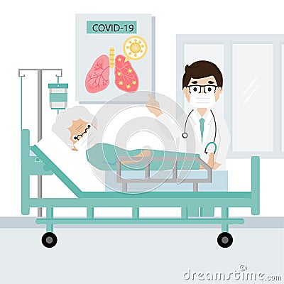 Doctor and Senior patient infected with covid-19 virus on hospital bed. Cartoon Illustration
